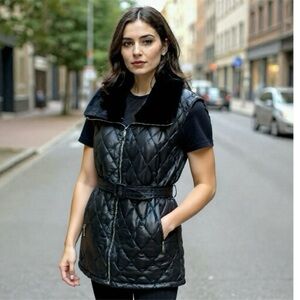 Calvin Klein Black Quilted Puffer Vest with Faux Fur Trim